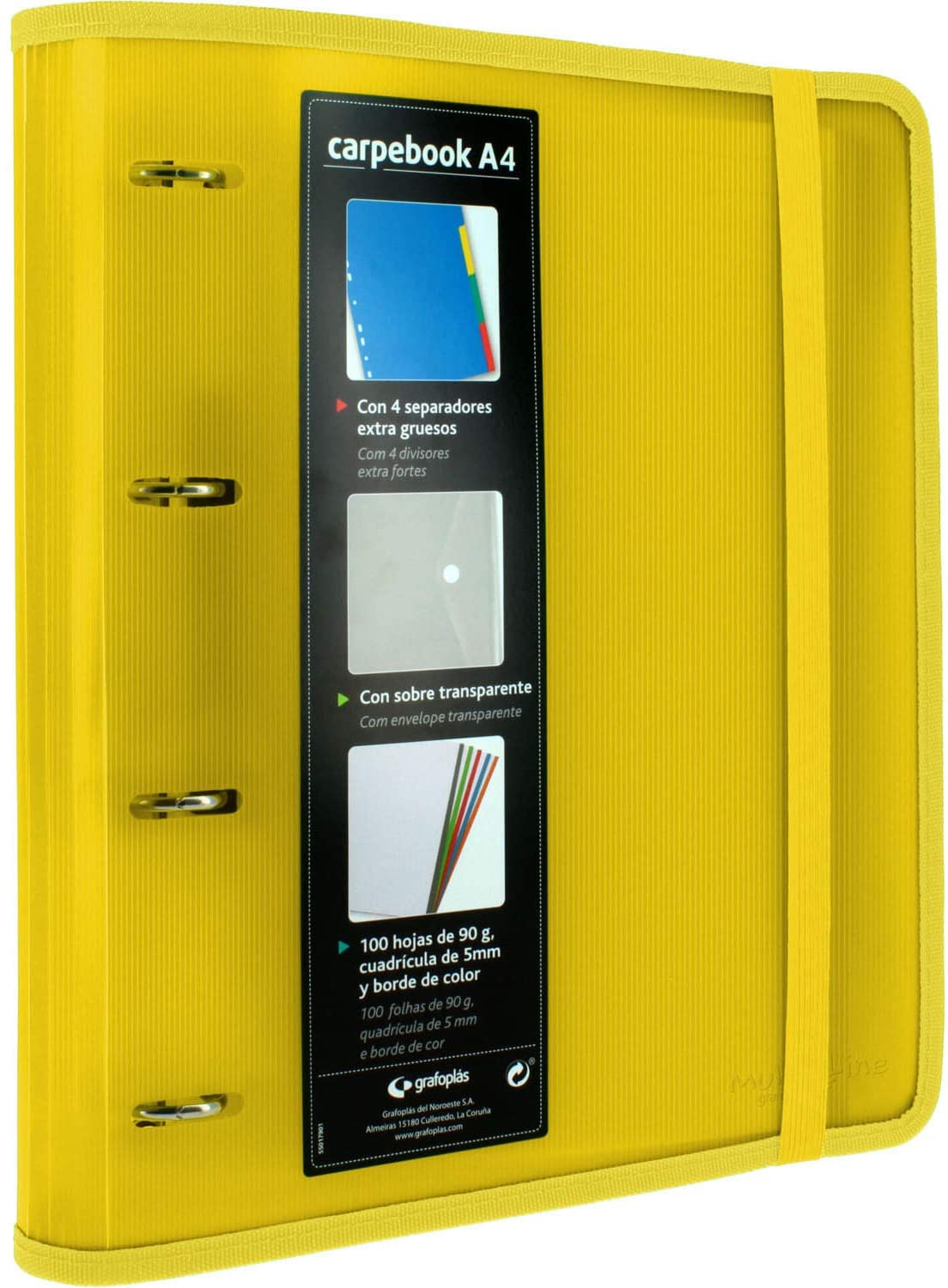 Grafoplás 88100060 4 Ring Binder with Refill and Dividers, A4, Yellow, Striped Polypropylene, Multiline Folder