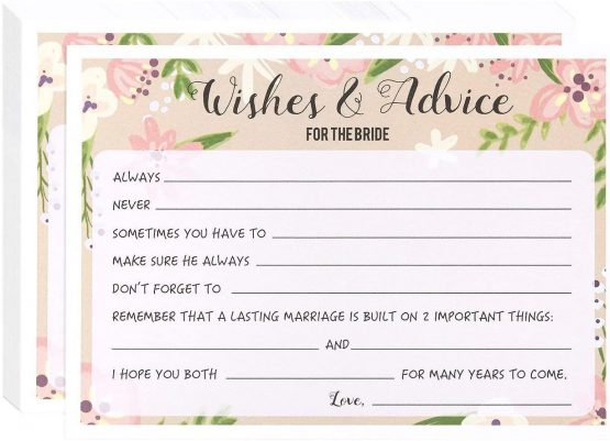 Marriage Advice and Well Wishes for Bridal Shower - 50 Sheet Floral Wedding Game Cards, Rustic Party Supplies for Hen Party and Rehearsal Dinner, 50 Vintage Cards Included, 5 x 7 Inches, Pink