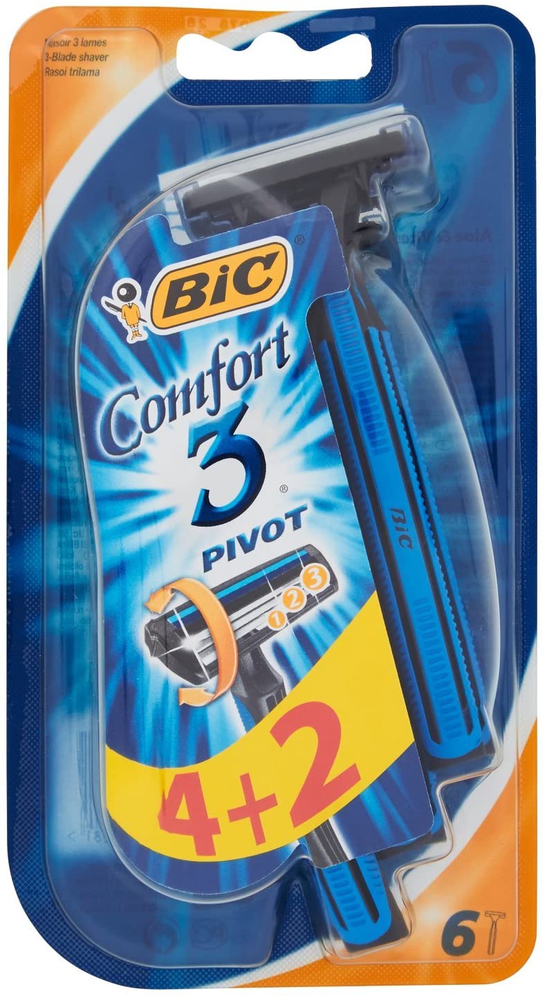 Bic Comfort 3 Pivot Disposable Razors with 3 Blades Pack of 6, Blue, 1 count (Pack of 6)