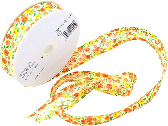 Inastri Orange and Yellow Floral Pattern 20 Meter Roll Cotton Bias Binding 25/5/5mm (1 Inch) -Col. 2202