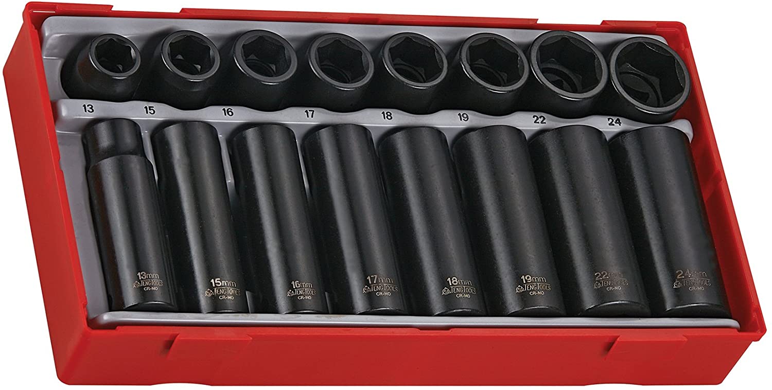 Teng TT9116 1/2-inch Reg/ Deep Impact Socket Set Drive (16 Pieces), Silver, 1/2 inches