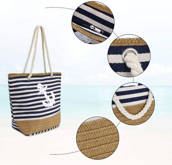 flintronic Women Beach Bag | Canvas Travel Tote Bag | Large Shoulder Bag with Rope Handle for Beach, Holiday, Shopping, Traveling (45cm*32cm*14cm) Anchor Pattern Design (Blue) - Image 4