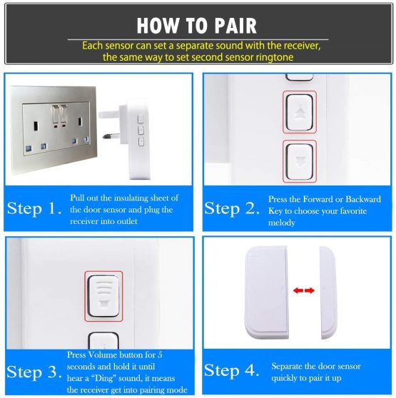 Koostone Wireless Magnetic Door Entry Sensor Alarm Chime, Door Open Alert for Shop, Garage, Window Security for Kids, Elders Safety, Anti-theft, 2 Secure Contact Sensors, 1 Doorbell Plugin Receiver - Image 4