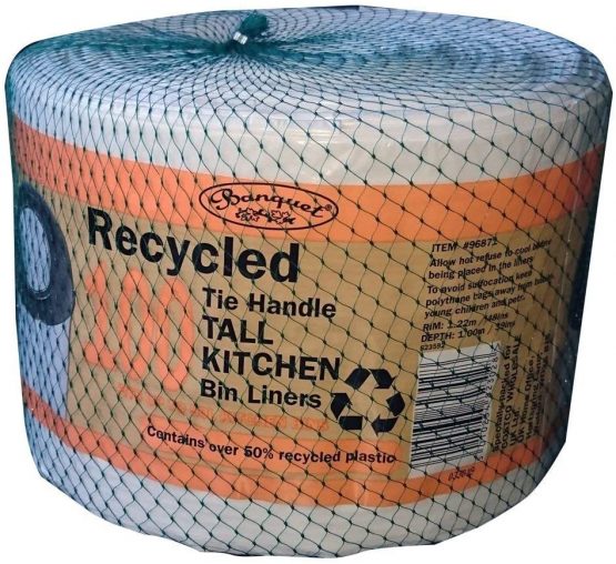 Recycled 100 Tie Handle Tall Kitchen Bin Liners, White
