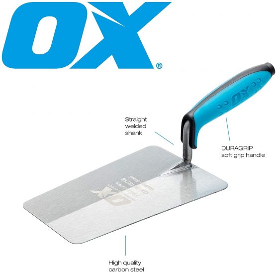 OX PRO OX-P013718 Series Plasterers / Builders Carbon Steel Bucket Trowel with Dura grip Soft handle– 7” Large, Multi-colour - Image 2