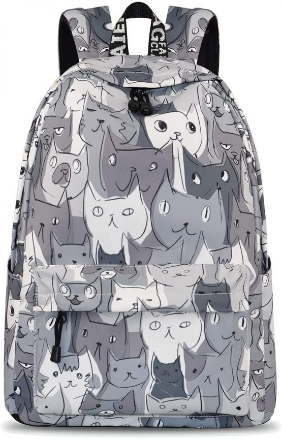 YANAIER Waterproof School Backpack for Girls Teens Cute Print Bookbag Laptop Backpack Women Travel Casual Daypack Grey Cat