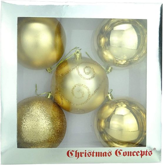 Christmas Concepts® Pack of 5-100mm Large Baubles - Shiny, Matte & Glitter Design - Christmas Decorations (Champagne) - Image 3
