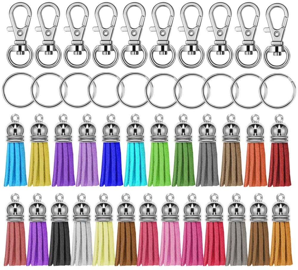 Selizo 150Pcs Swivel Hooks with Key Rings and Tassels Bulk for Keychain Crafts, Multicolor,Silver, keychain hooks, rings and tassels