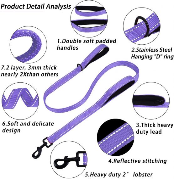 Belababy Medium Dog Leash, 5ft Double Handles Dog Lead, Heavy Duty Strong Nylon Reflective Dog Leash, 1.5m Leash Perfect for Large Medium or Small Dog - Image 2