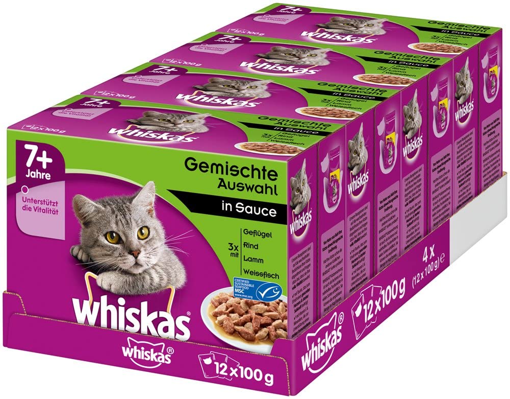 Whiskas 7+ Cat Food - Mixed Selection in Sauce Wet Food for Cats from 7 years and above - To Maintain Vitality - 48 x 100g Sachets