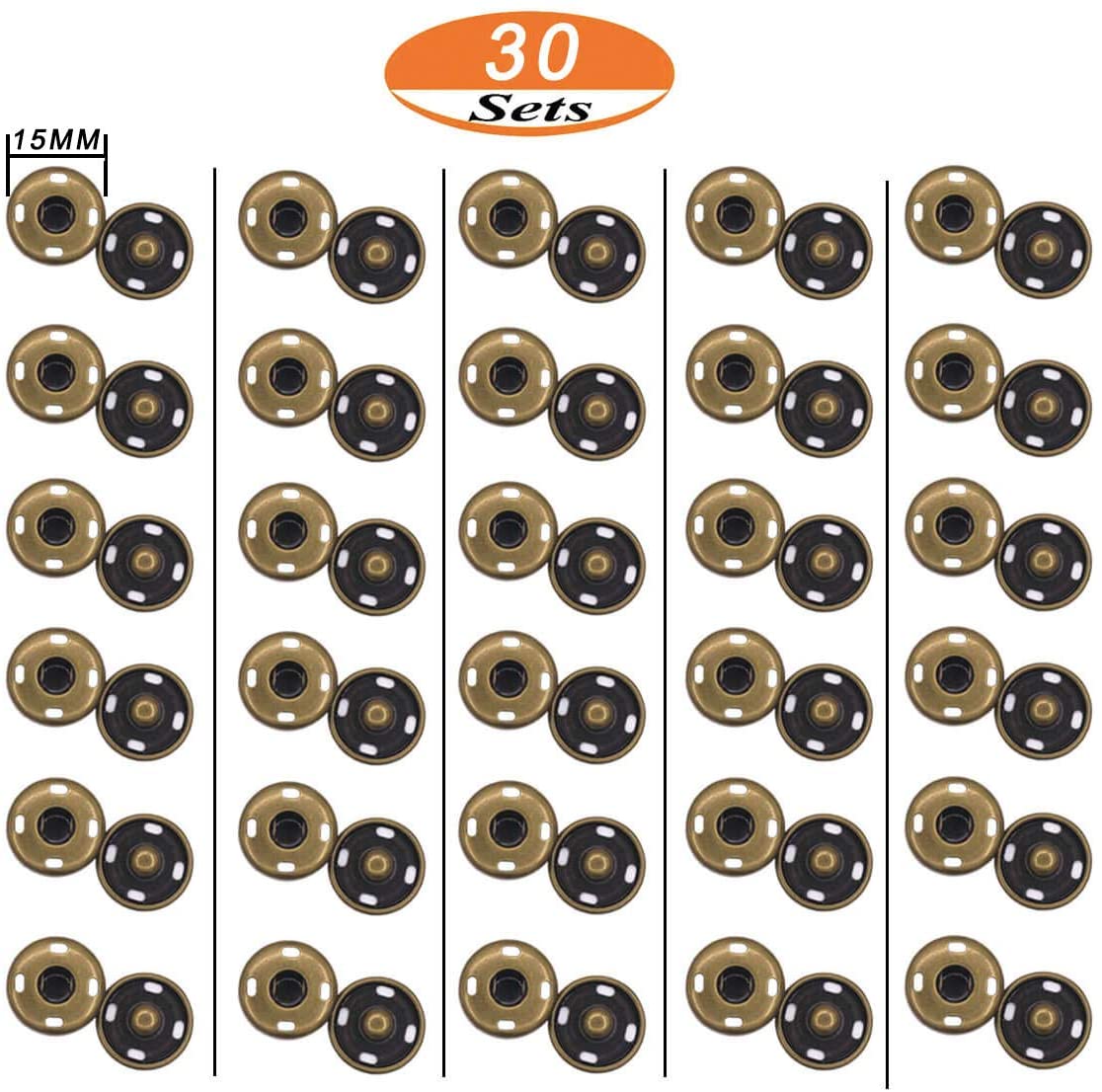 30 Sets Antique Brass Sew On Snap Fasteners Metal Snap Button Rust Proof Press Studs (15mm), Bronze - Image 2