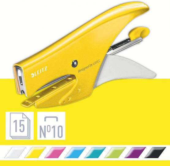 Leitz Stapling Pliers, 15 Sheet Capacity, Ergonomic Metal Body, Includes Staples, WOW Range, 55311016 - Yellow