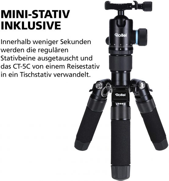 Rollei CT-5C + 52Q - Carbon Tripod with Ball Head - Max. Load: 8 kg - Monopod and Mini Tripod Function - ARCA SWISS Compatible - Black - Image 3