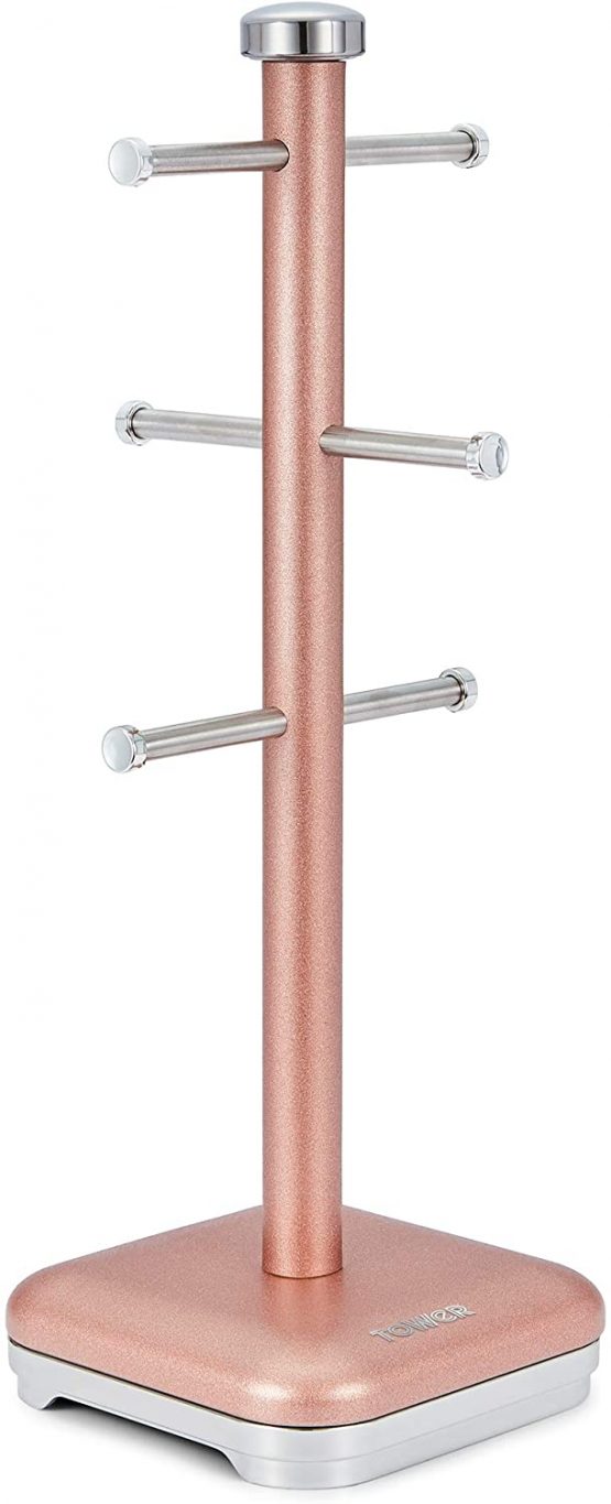 Tower T826016R Kitchen Tree, Glitz Range, 6 Cups Mug Stand, Steel, Blush Pink, One Size