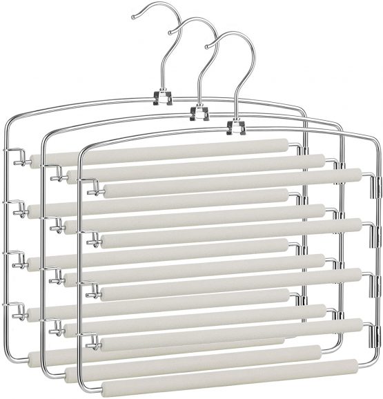 SONGMICS Trousers Hangers, Set of 3 Space-Saving Multi-Bar Metal Pants Hangers, Stable with Non-Slip Padding, Swing Bars for 5 Jeans Each, Suit Pants, Scarves, Ties, Grey and Silver CRI041GY