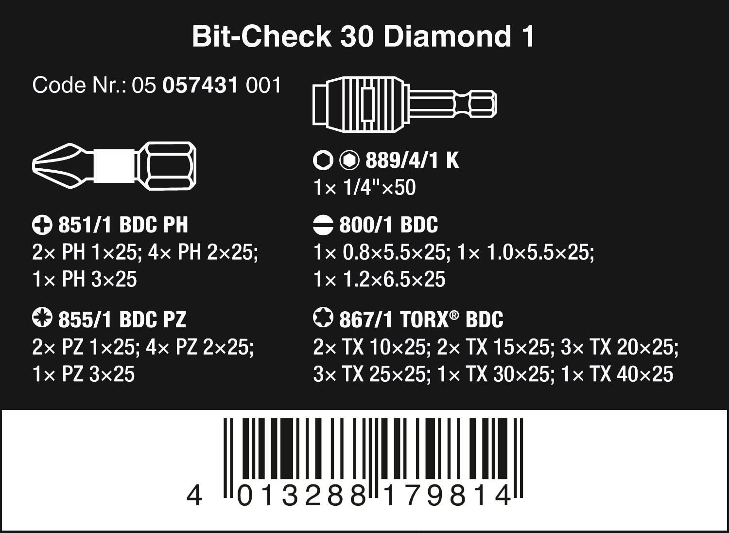 Wera Bit-Check 30 Diamond 1 Anti Cam-out BiTorsion Long Life bit set for drill/drivers PZ,PH,TX,SL 30 piece, 05057431001 - Image 2