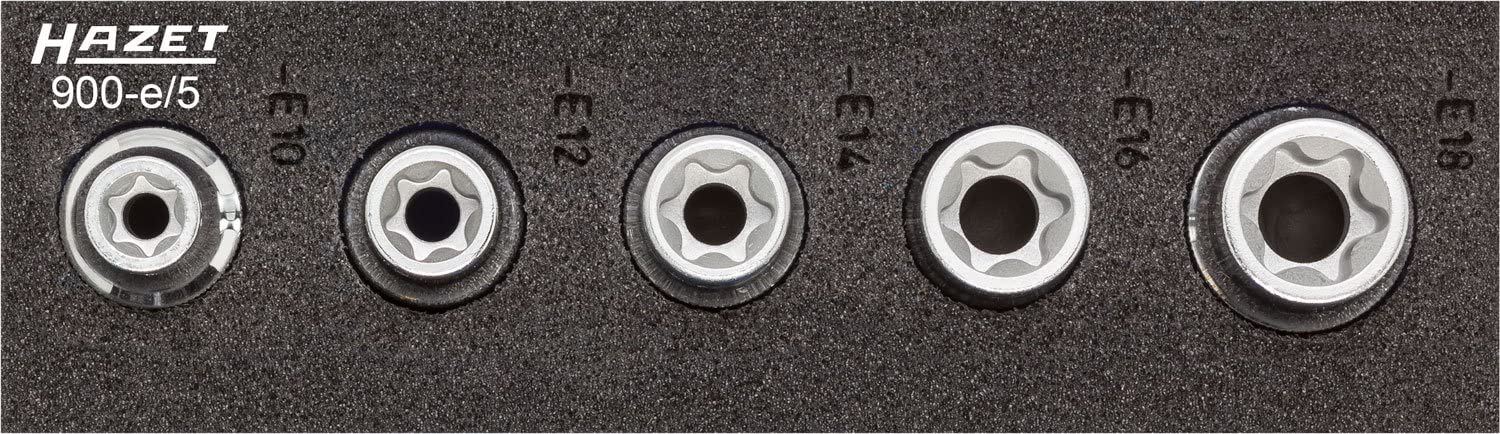 HAZET 900-E/5 Torx Profile Socket Set - Chrome-Plated/Polished, Satz E10, E12, E14, E16, E18 Torx