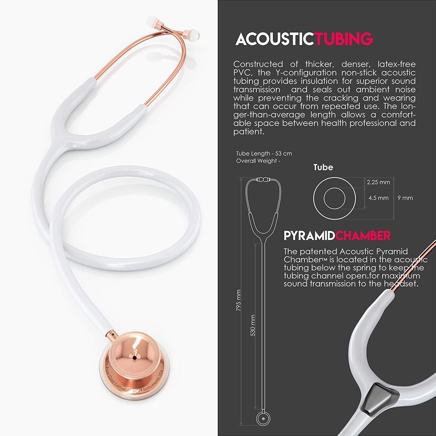 MDF Instruments, MD One Stainless Steel Premium Dual Head Stethoscopee, Adult, White Tube, RoseGold Chestpieces-Headset, MDF777RG29 - Image 4