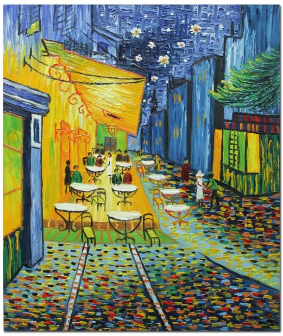 Fokenzary Hand Painted Café Terrace at Night Reproduction of Vincent Van Gogh Famous Artwork Modern Abstract Canvas Painting for Living Room Bedroom Wall Decor Framed Ready to Hang