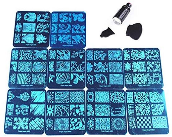 Finger Angel 10Pcs Nail Art Plates +1 Pcs Double Side Nail Stamper With 2Pcs Plastic Scraper Nail Art Image Stamp Stamping Plates Manicure Template Nail Art Tools