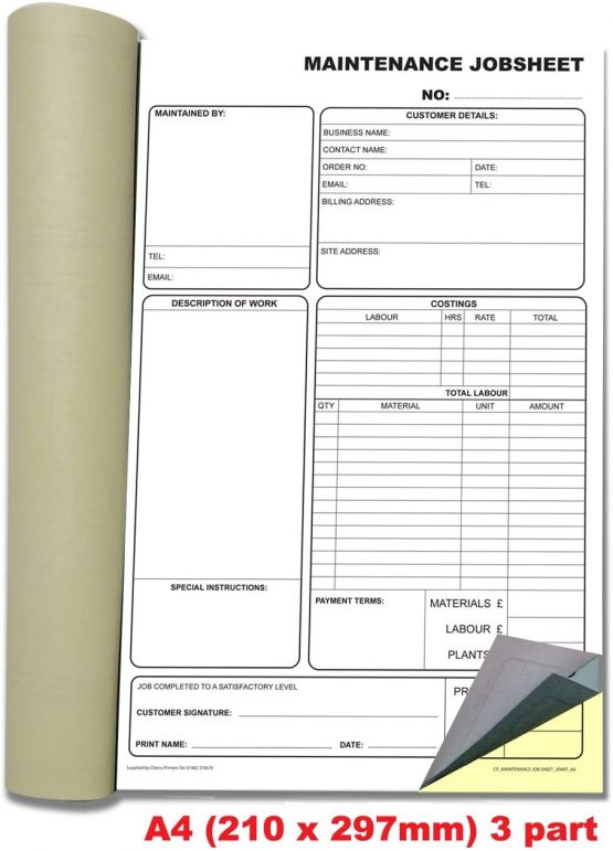 Cherry Carbonless NCR Maintenance Job Sheet Triplicate Book A4 50 Sets - Image 3