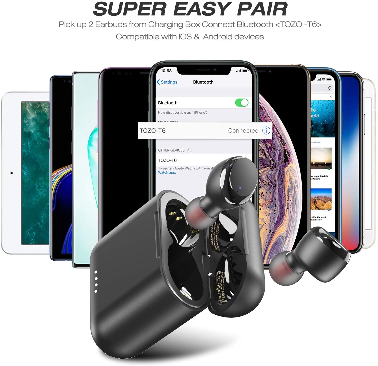 TOZO T6 True Wireless Earbuds Bluetooth Headphones Touch Control with Wireless Charging Case IPX8 Waterproof Stereo Earphones in-Ear Built-in Mic Headset Premium Deep Bass for Sport (Black) - Image 2