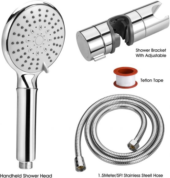 ASTOTSELL Shower Head Kit with Hose and Showerhead Holder Bracket, Fixed Handheld Shower Universal Fitting with Adjustable 5 Sprays Modes for Slide Bar Adjustable 19-25MM O.D, Chrome Plated