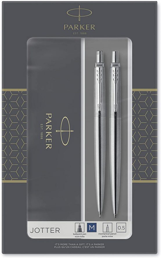 Parker Jotter Duo Gift Set with Ballpoint Pen & Mechanical Pencil (0.5mm), Stainless Steel with Chrome Trim, Blue Ink Refill, Gift Box