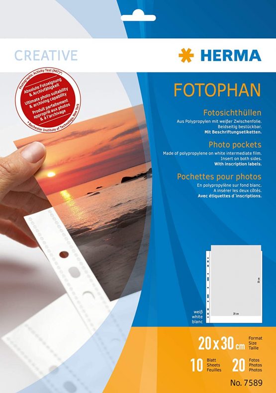 HERMA Photo Pockets for Ring Binder Albums, Acid Free, 20 x 30 cm Portrait Format, 20 Pockets, White 7589
