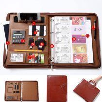 A4 Zipper Leather New Version Conference Folder Business Document Bag Portfolio with Ring Binder，A4 Writing Pad ，Card Holders，Calculator and Notebook Business Document File Folder