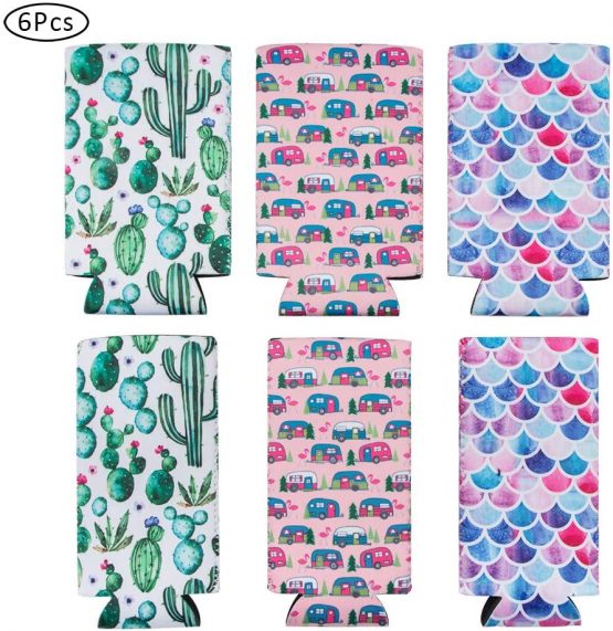 AIFUDA 6 Pcs Slim Can Cooler, Collapsible Neoprene Sleeves Insulator Covers Fits 12oz and 16oz Truly, Beer & Energy Drink Can (Cactus, Trolley, Fish Scales) - Image 2
