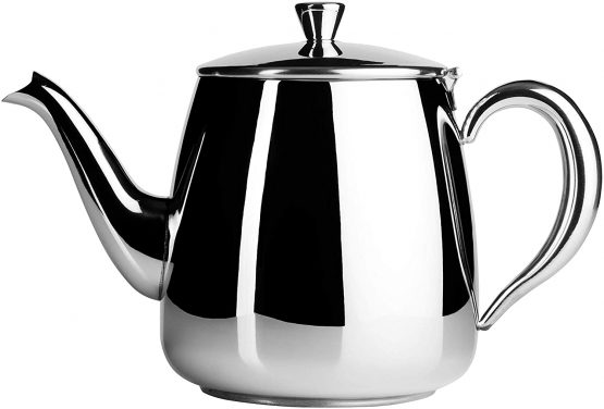 Café Olé PT-035 Premium Tea Pot, 18/10 Stainless Steel, Mirror Polished, 35oz, Stay Cool Hollow Handles, Perfect Pour Spout, Silver