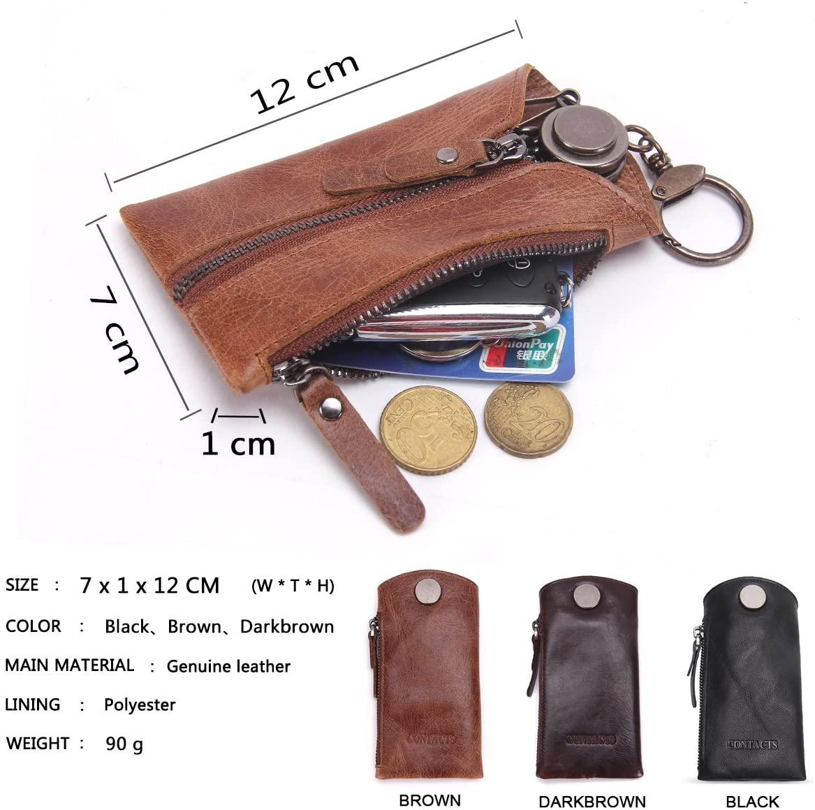 Contacts Key Case Genuine Leather Coin Purse, Brown, 12x7x1cm, Holds Car Key & Coins, Men's Gift - Image 3