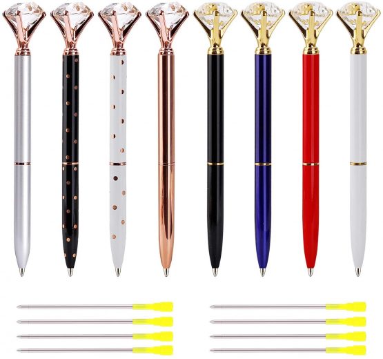 Diamond Pen 8 Pack Rose Gold Metal Ballpoint Pen Black Ink Crystal Ball Pen with 8 Refills for School Stationery Office