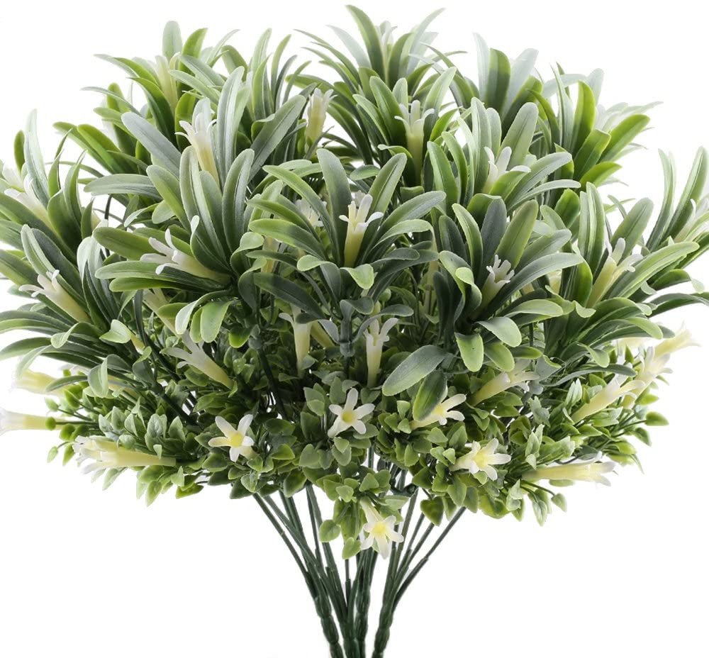 NAHUAA 4Pcs Artificial Plants Outdoor Plastic Faux Flowers UV Resistant White Fake Morning Glory Shrubs Plants for Outside Indoor Vase Hanging Pot Garden Porch Décor Wedding Farmhouse Decoration