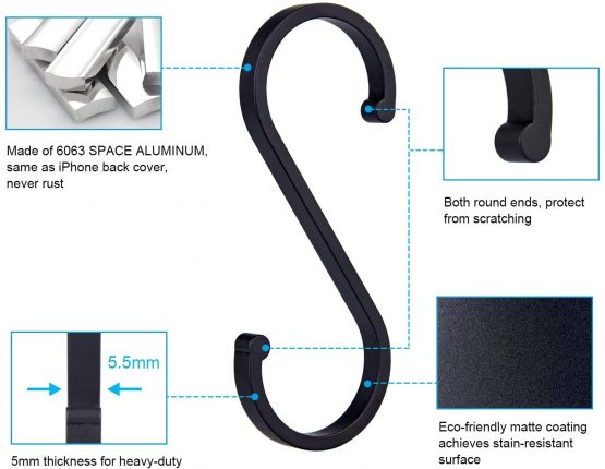 ACMETOP S Hooks, 12 Pack Aluminum S Shaped Hooks, Matte Finish S Hooks for Hanging Pots and Pans, Plants, Coffee Cups, Clothes, Towels in Kitchen, Bedroom, Bathroom, Office and Garden (Matte Black) - Image 4