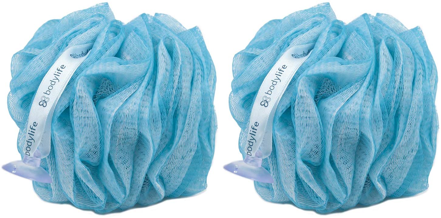 Bodylife Body Buffer, Puff, Exfoliating Bath & Shower Body Pouf, Scrunchie, Body Scrubber Blue & White 55g Twin Pack