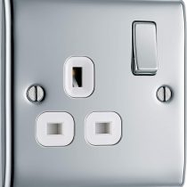 BG Electrical NPC21W Single Switched Power Socket with White Inserts, Polished Chrome, 13 Amp