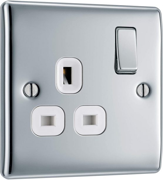 BG Electrical NPC21W Single Switched Power Socket with White Inserts, Polished Chrome, 13 Amp