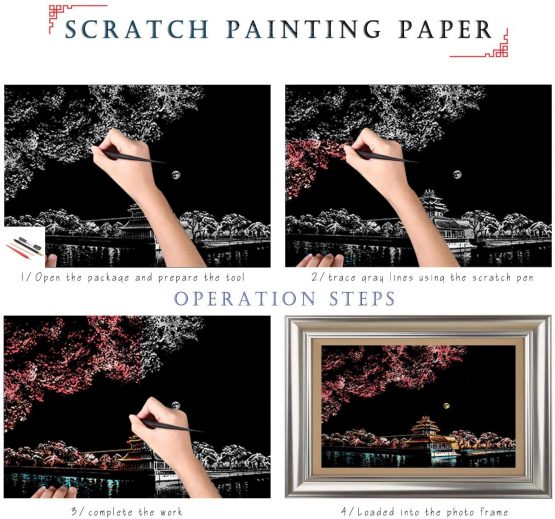 SiYear Rainbow Scratch Painting Paper, City Series Night Scene,Scratch Painting Creative Gift,Scratchboard for Adult and Kids,with 4 Tools,Size:11.7''x8.3''（8pack） - Image 3