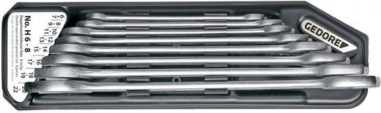 Gedore H 6-8 double open-ended spanner set, design in accordance with DIN 3110, high-quality industrial quality, finely ground heads, anti-glare look thanks to matt chrome-plated, 8 pieces, 6-22 mm