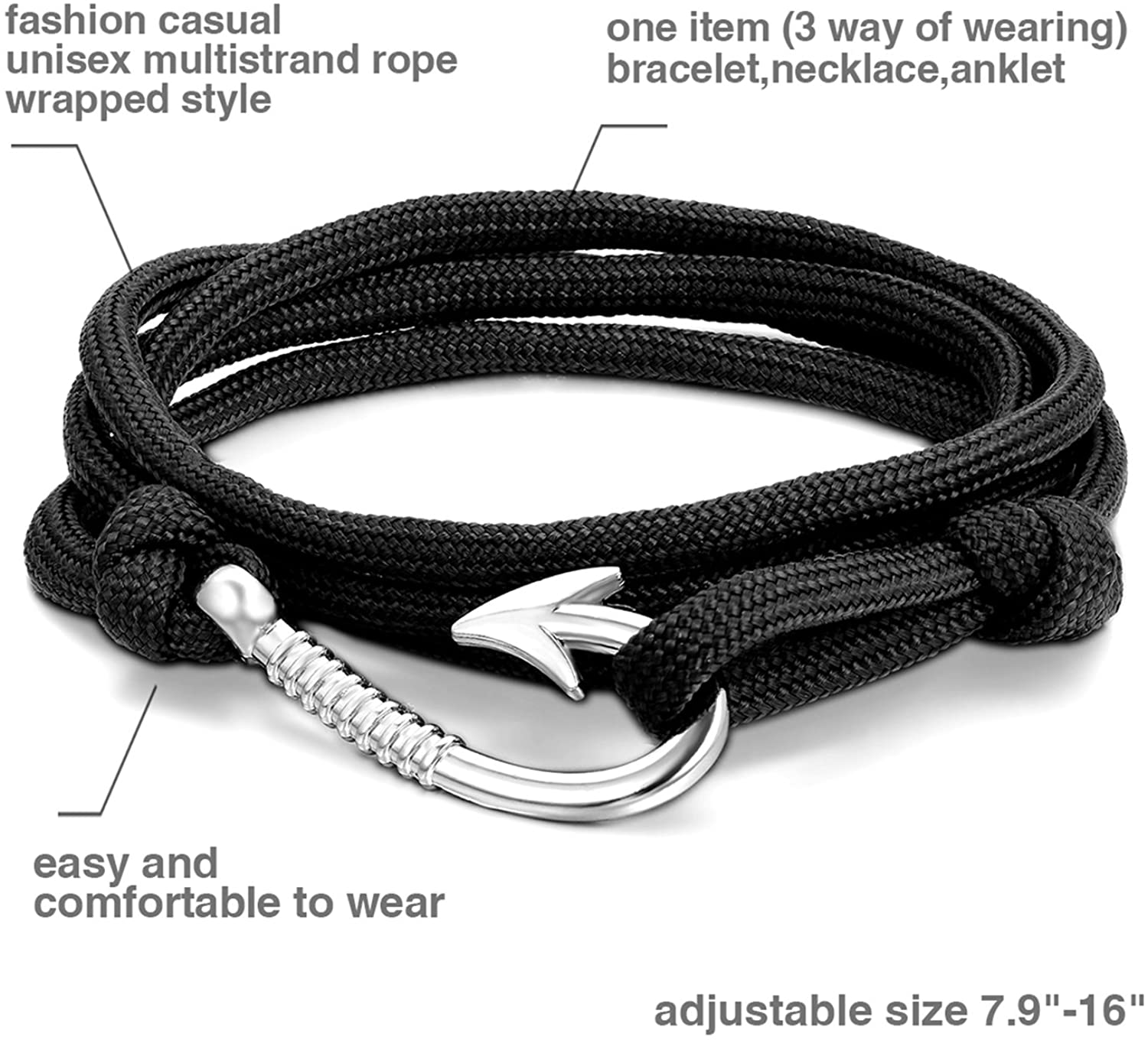 Oidea 6pcs Mens Womens Fish Hook Adjustable Multistrand Rope Wrist Bracelet,31 Inch-Wear as Anklet, Fishhook Pendant Necklace - Image 2