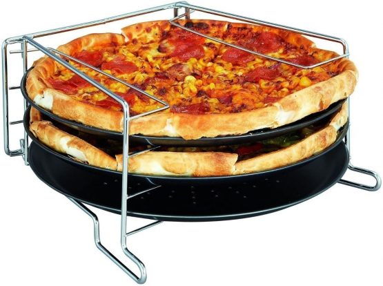 Pizza Baking Set with Holder Set of 4 Pizza Tray Non-Stick 3 Baking tins with Pizza Holder