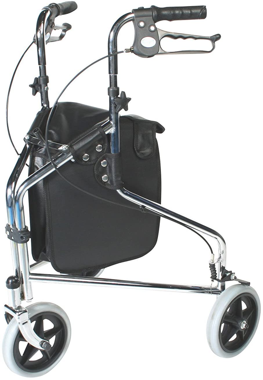 Days Tri Wheel Folding Walker with Lockable Brakes, Mobility Aid, Easy to Manoeuvre & Height Adjustable, For Eldery and Disabled Users,Chrome