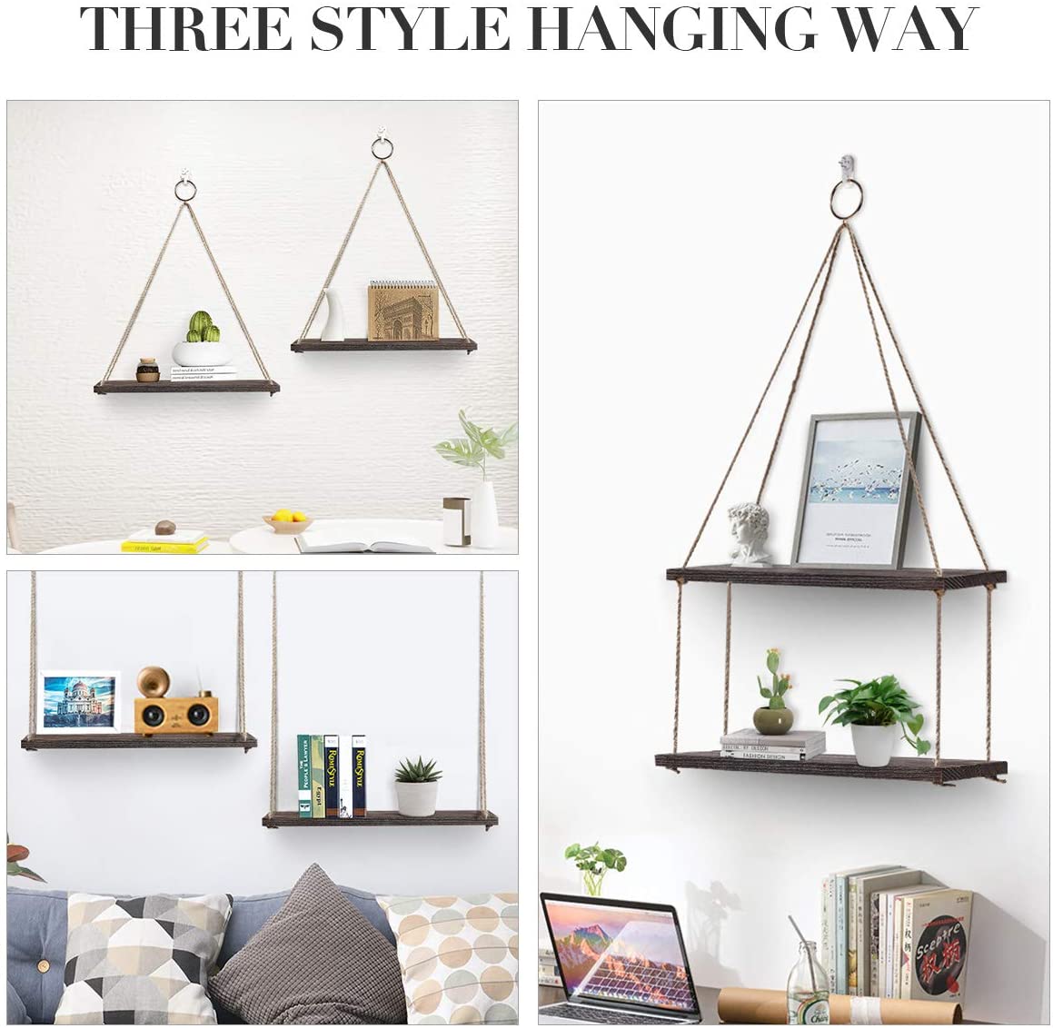 AGSIVO Set of 2 Floating Shelves with String, Hanging Shelf Wall