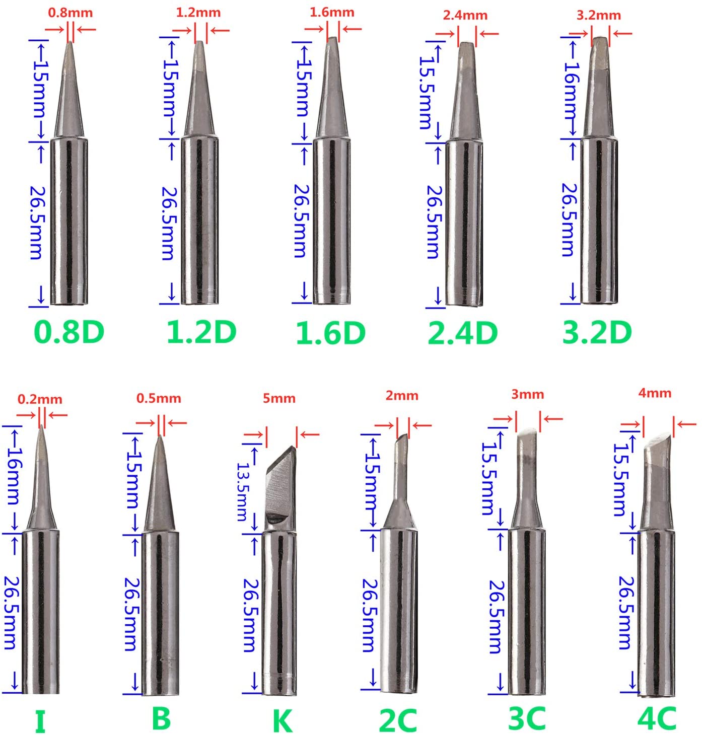 BOJACK 11pcs Soldering Iron Tips Kit and 1pcs Free high Temperature Cleaning Sponge for 936 937 938 942 951 969 907 907-ESD 900M 900M-ESD 852 852D Soldering Station - Image 2