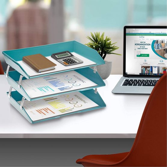 Acrimet Facility 3 Tier Letter Tray A4 Side Load Plastic Desktop File Organizer (Solid Green Color) - Image 3
