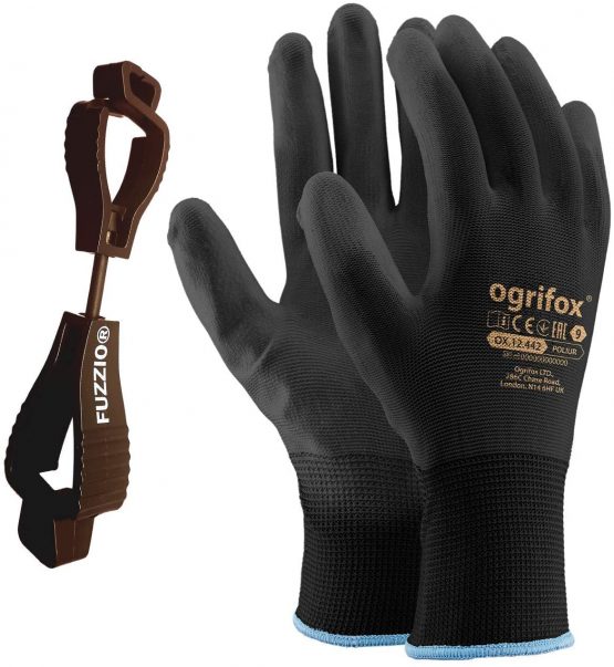 24 pairs PU coated work gloves Gardening Mechanic and FUZZIO clip glove holder (L - 9, Black)
