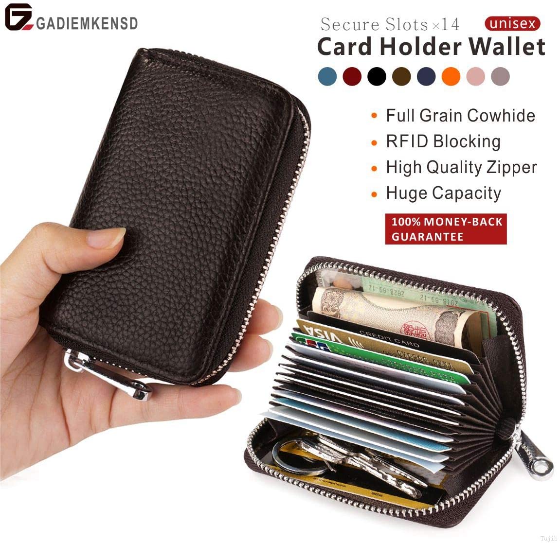 Womens Credit Card Holder Small Rfid Blocking Ladies Wallet with Stainless Steel Zipper Excellent Genuine Leather Accordion Wallets Case for Women ID Compact Slim Blocked Zip Accordian Cards Coffee - Image 2