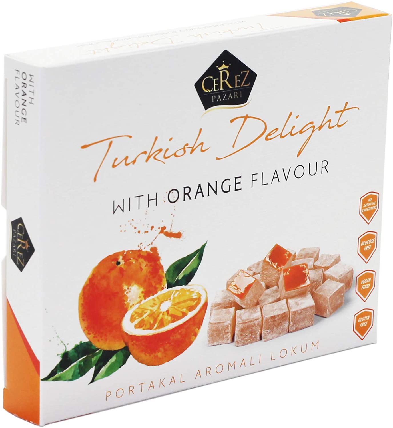 Cerez Pazari Turkish Delight with Orange Flavor 230g, Gourmet Small Size Snacks Gift Box
